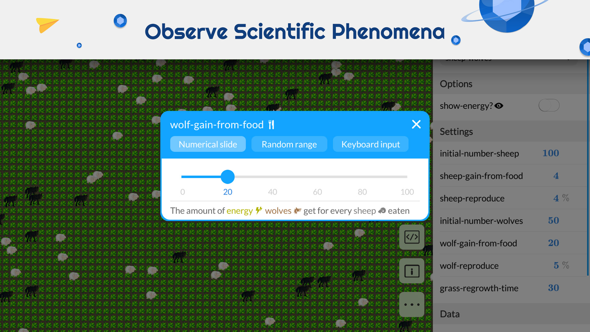 A screenshot of Turtle Universe running the classical Wolf Sheep Predation model.